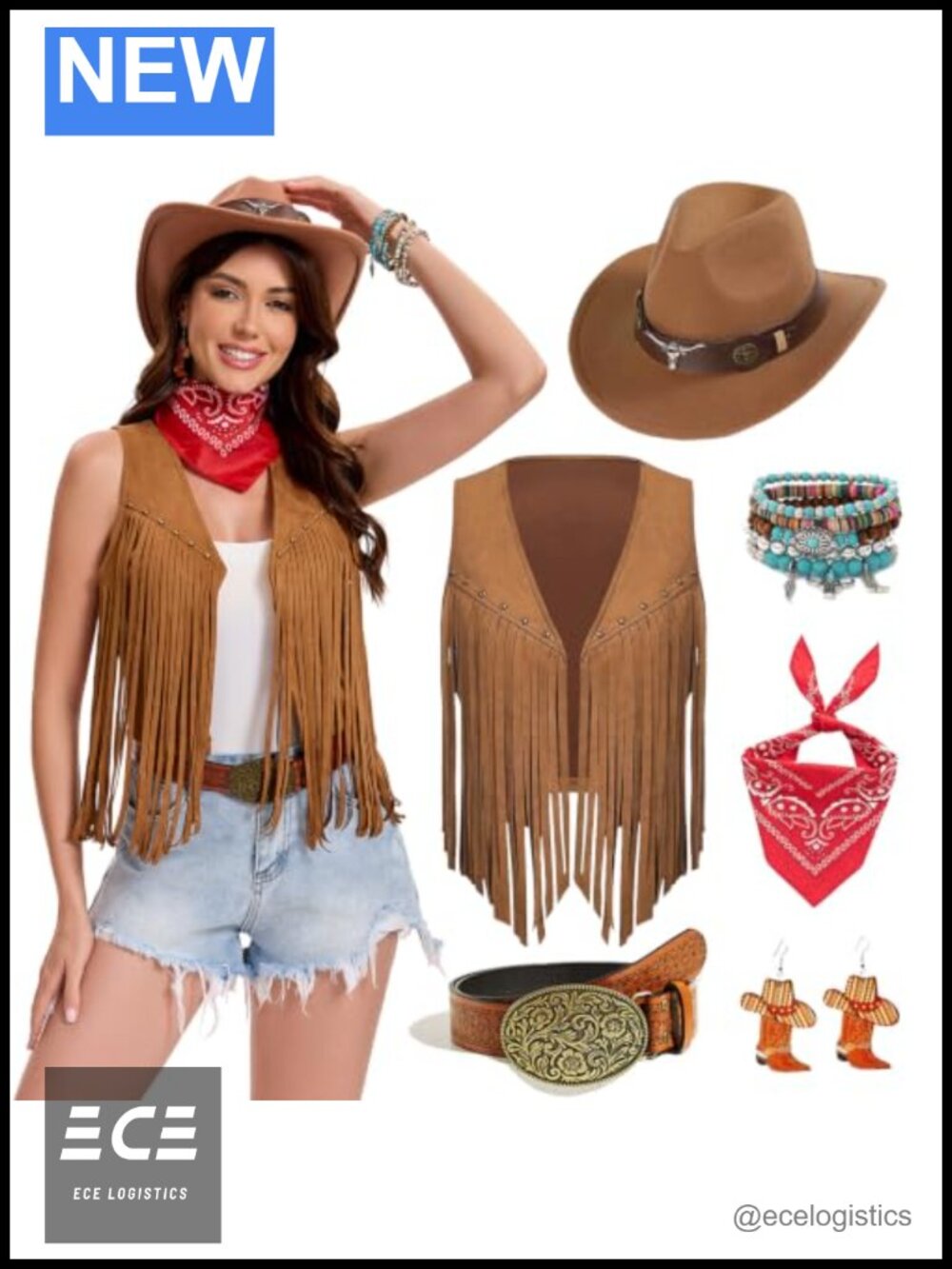 11PCS Cowgirl Costume Set Fringe Vest Felt Cowboy Hat Western Outfit